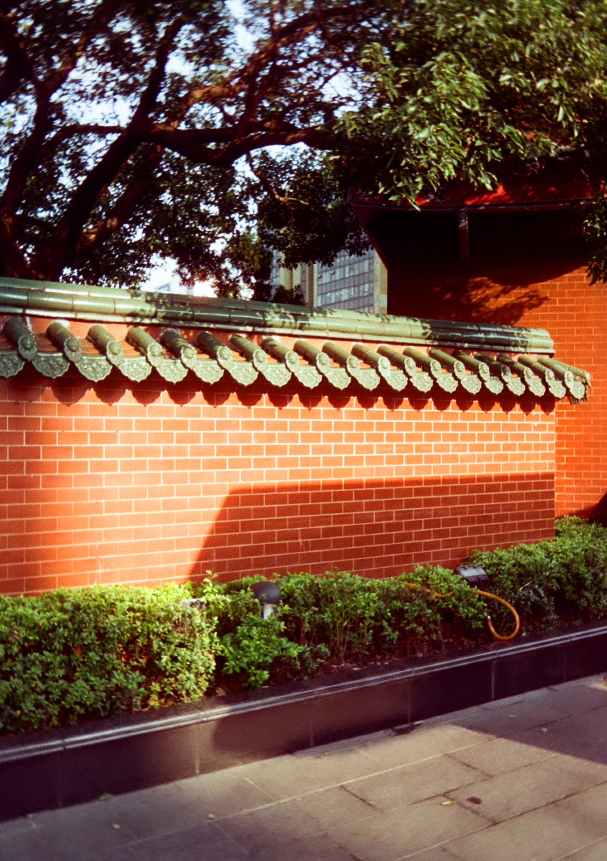 The outside wall of a Chinese style temple.